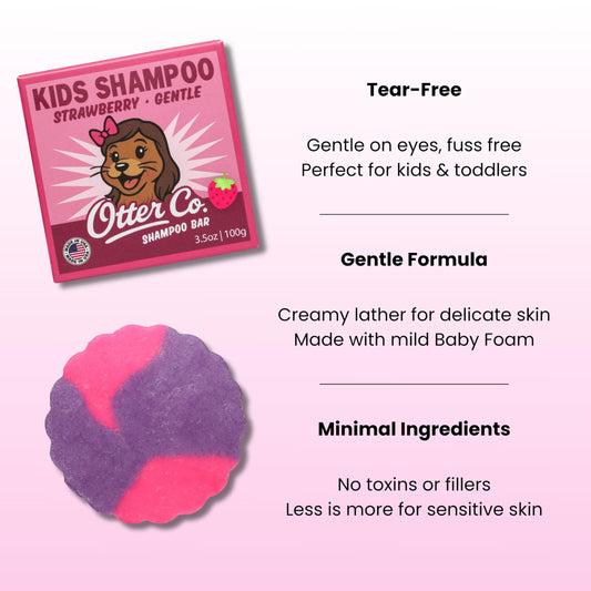 Otter Co Kids Gentle Strawberry Shampoo Bar in hand demonstrates tear-free cleansing for kids