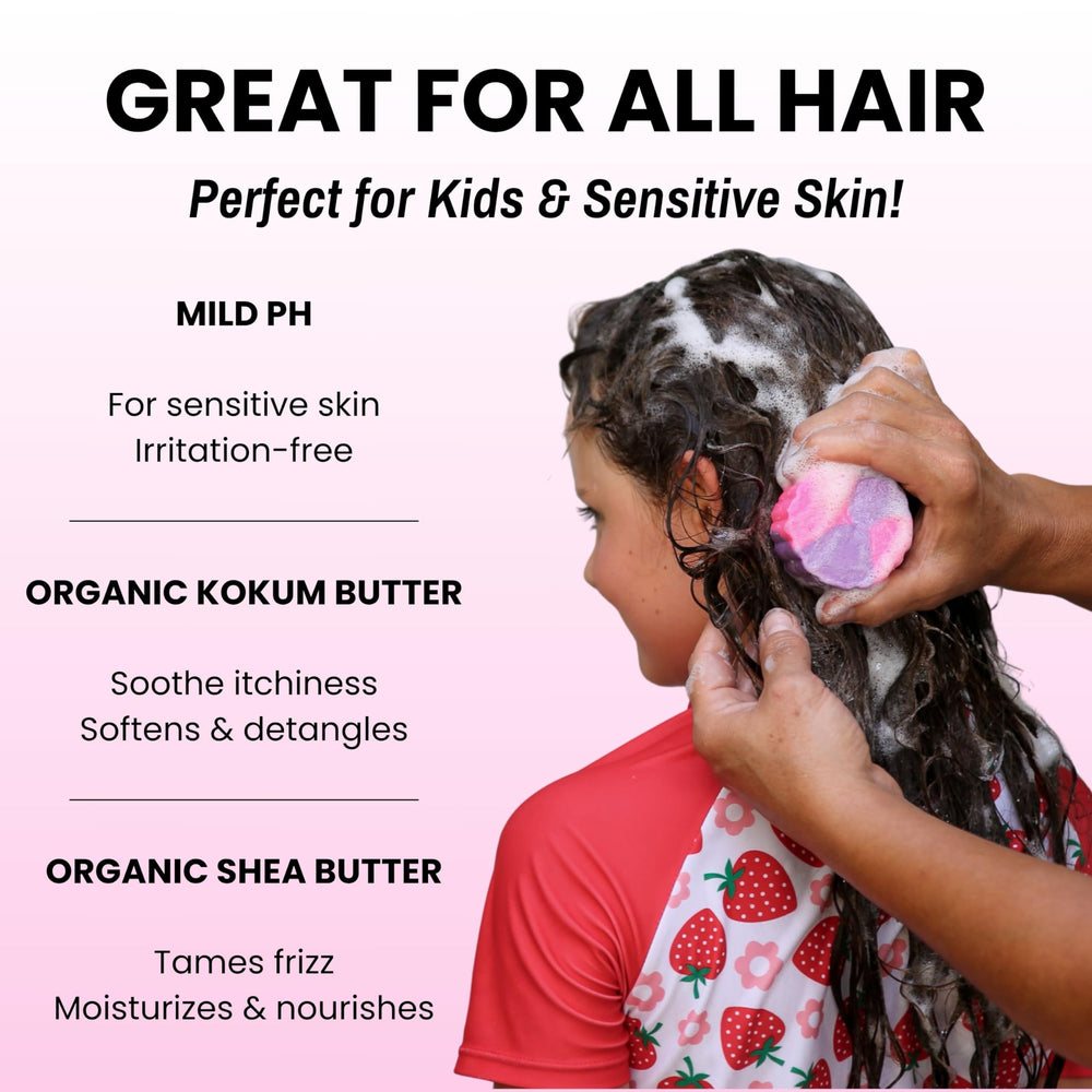 Otter Co Kids Gentle Strawberry Shampoo Bar lather forming on wet hair