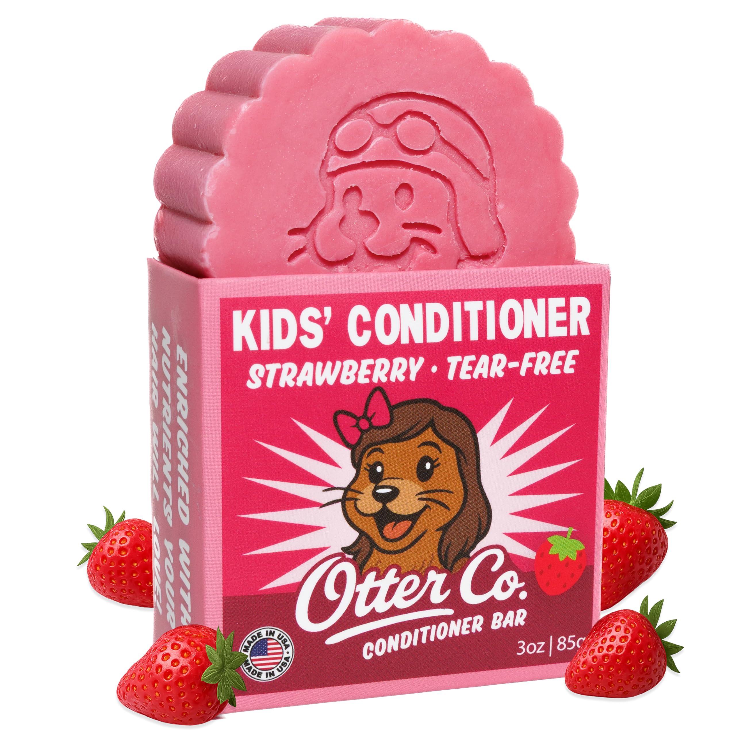 Otter Co Kids strawberry conditioner bar packaging highlights tear-free care for toddlers.