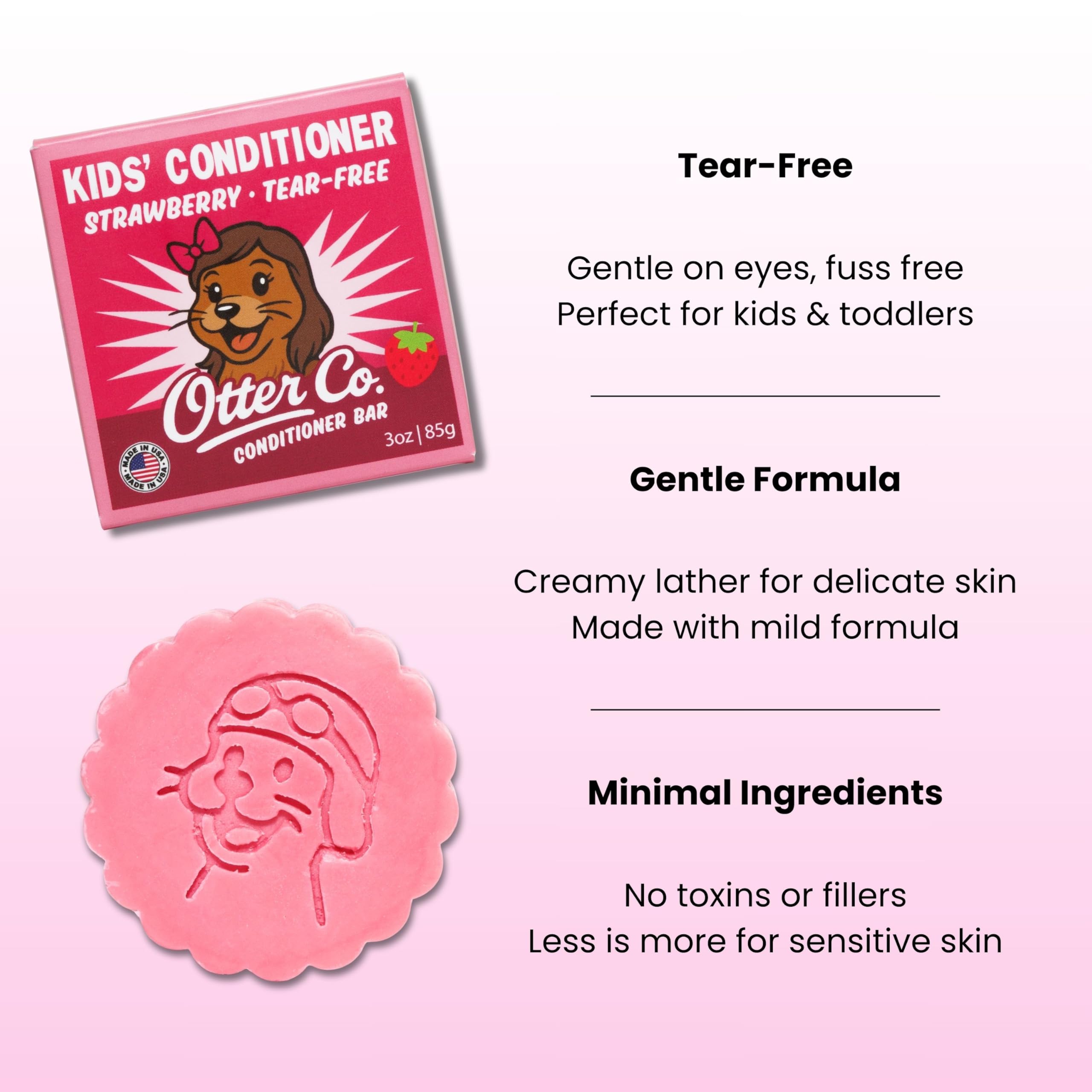 Otter Co Kids strawberry conditioner bar application shows gentle cleansing for sensitive scalps.