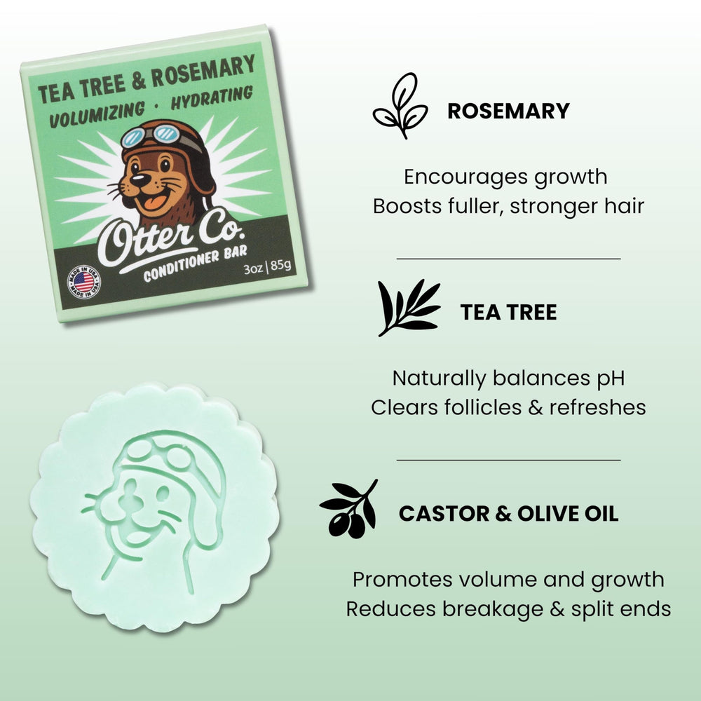 Closeup of Otter Co conditioner bar reveals textured surface and natural ingredients for healthy-looking hair.