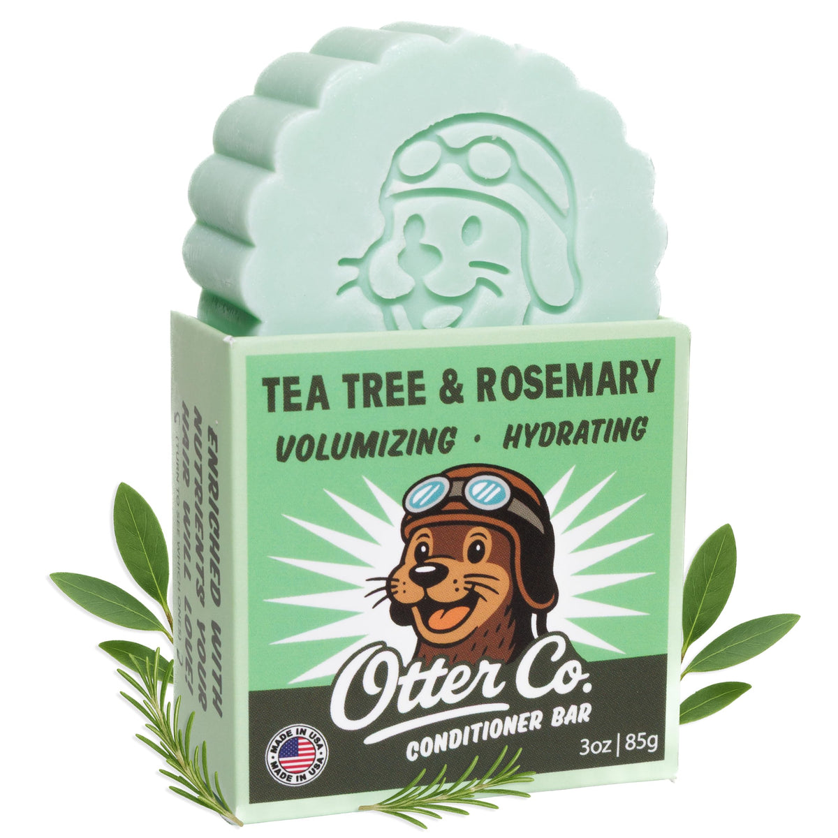 Otter Co Tea Tree & Rosemary conditioner bar packaging shows biodegradable materials for zero-waste hair care.