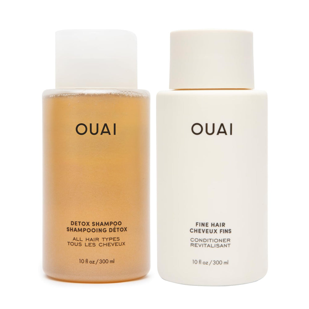 OUAI Detox Shampoo bottle clarifying buildup and hard water residue for refreshed roots.