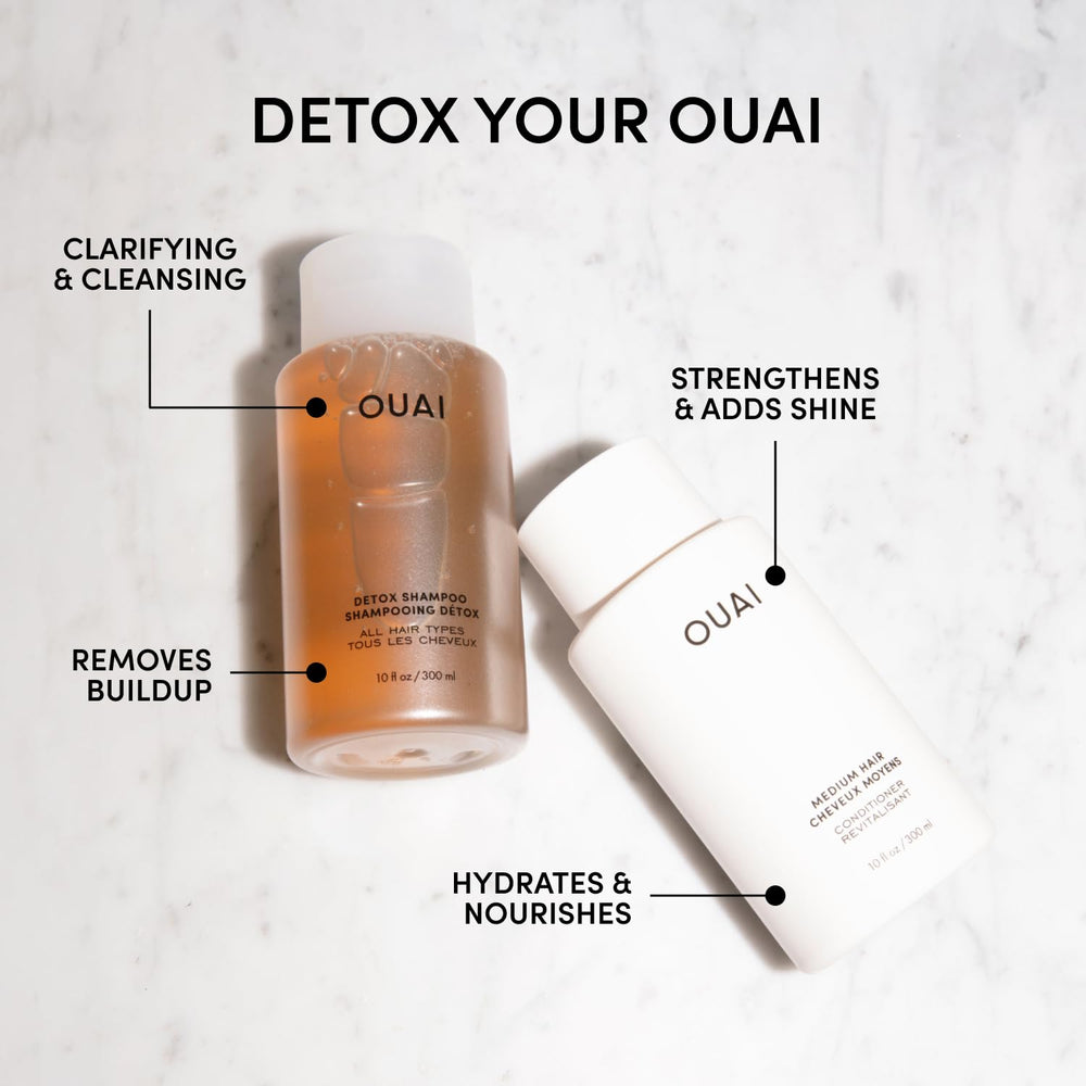 Close-up of OUAI Detox Shampoo pour showing easy application and quick cleanse