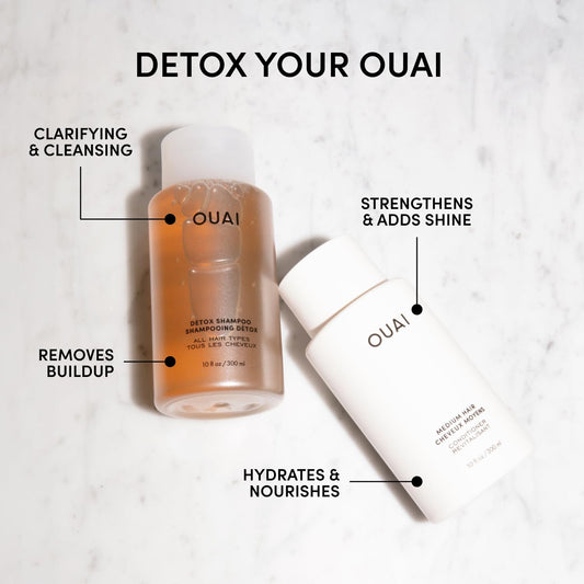 Close-up of OUAI Detox Shampoo pour showing easy application and quick cleanse