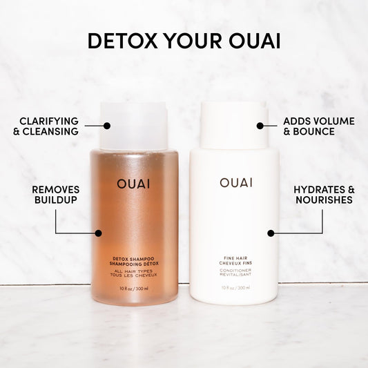 OUAI Detox Shampoo pouring action showing easy application for a clarifying cleanse.