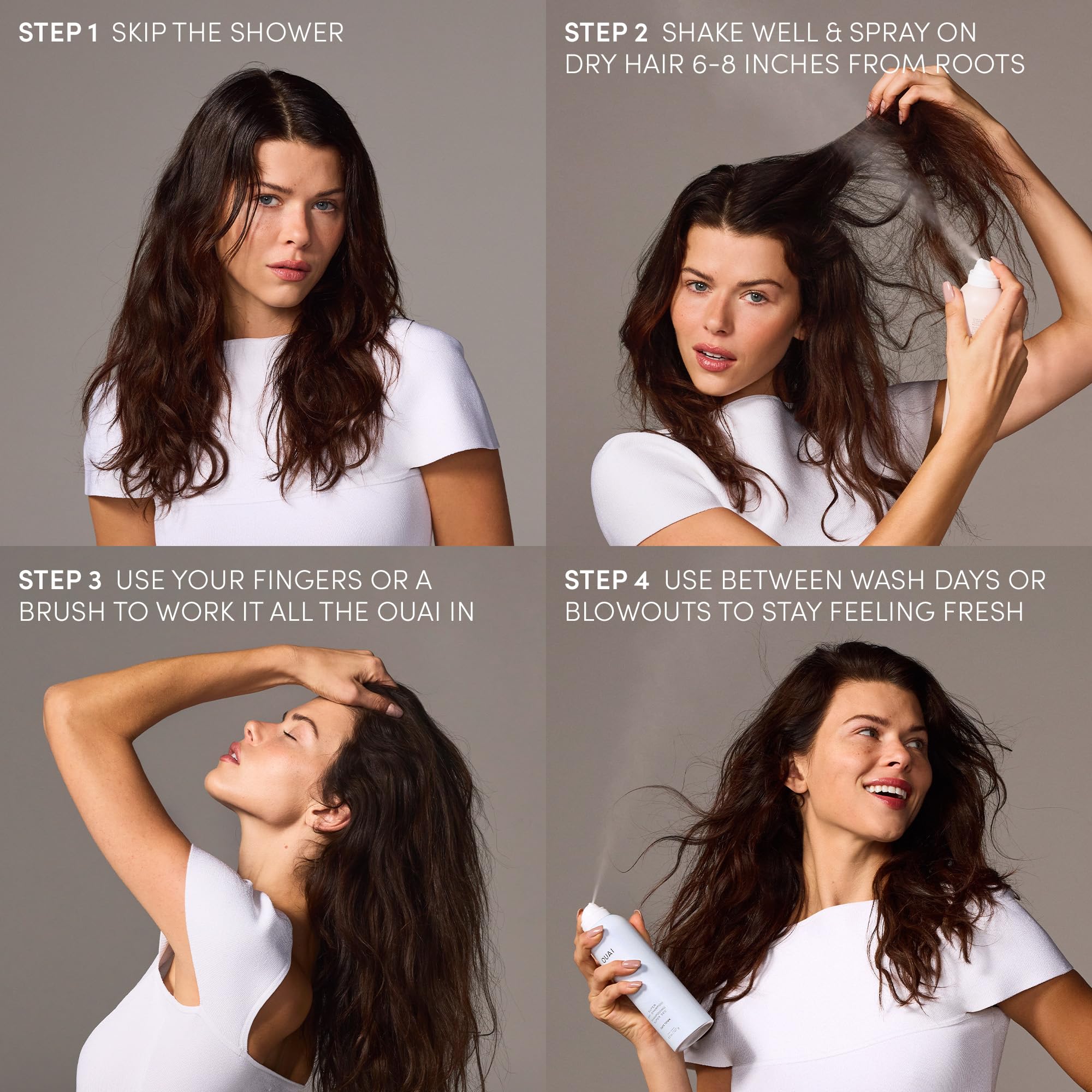 OUAI Super Dry Shampoo mist spraying at roots.