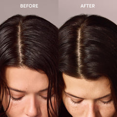 OUAI dry shampoo spray action close-up demonstrates quick root refresh.