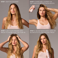 OUAI dry shampoo texture showing residue-free finish on hair.