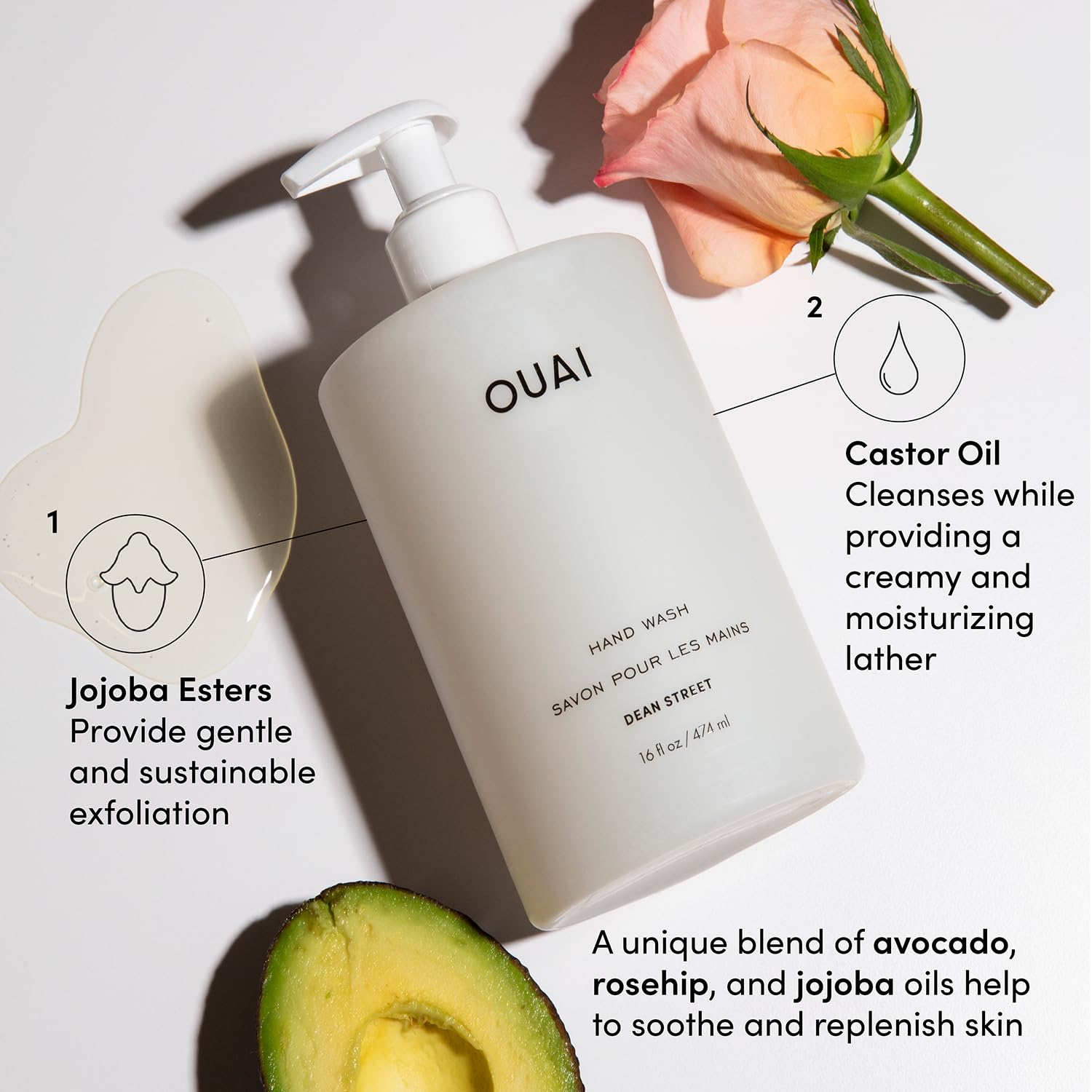 OUAI Hand Wash Dean Street bottle with jojoba promotes nourishment while you wash.
