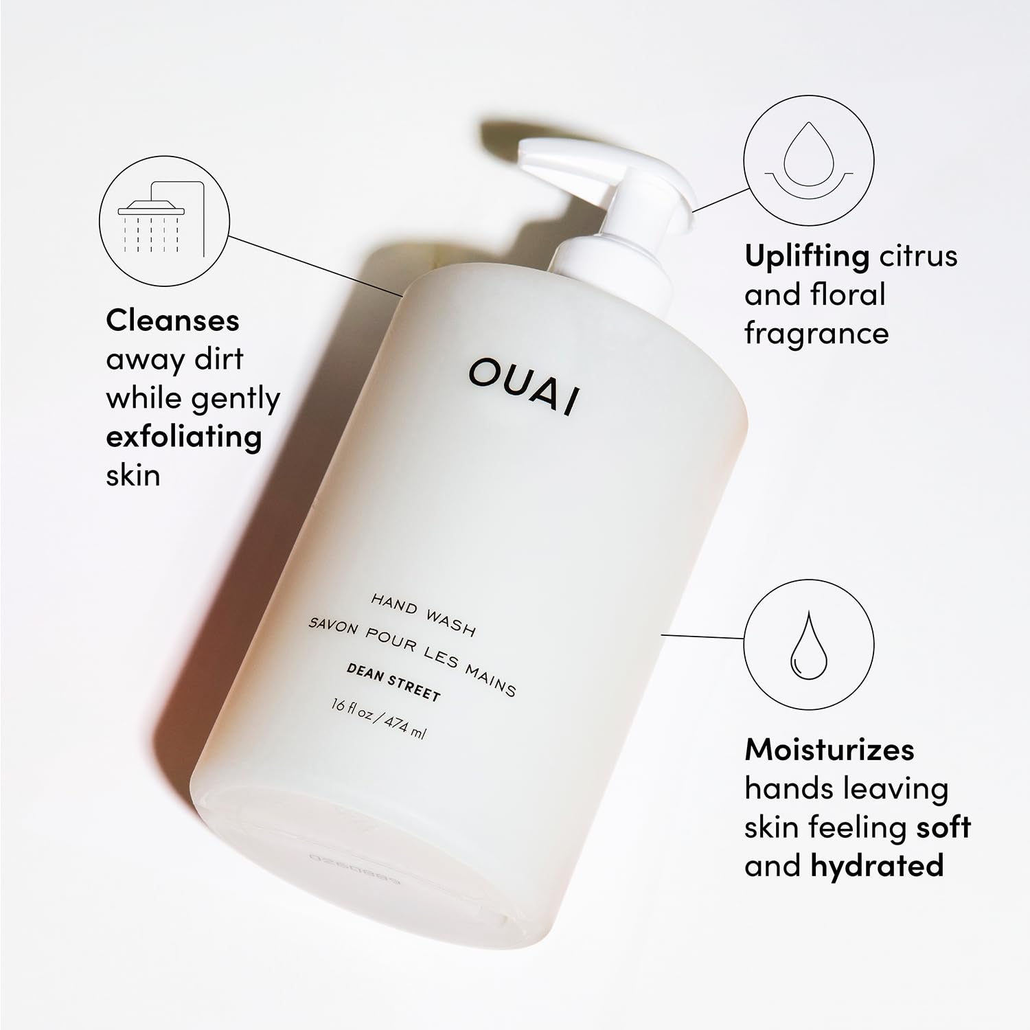 OUAI Hand Wash Dean Street lather close-up shows rich foam and hydrating feel.