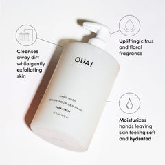 OUAI Hand Wash Dean Street lather close-up shows rich foam and hydrating feel.