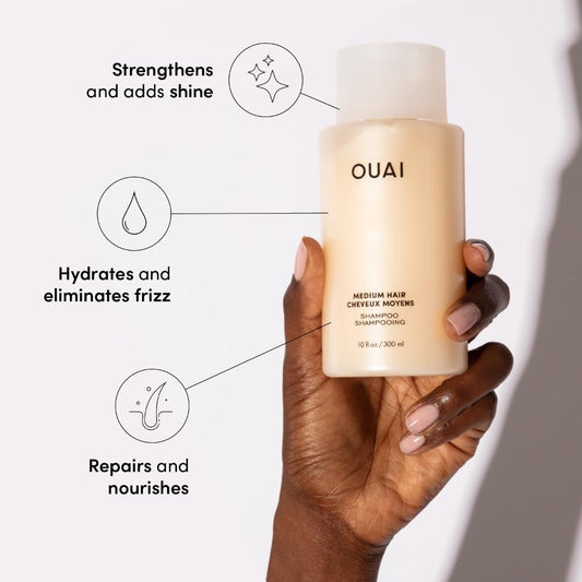 OUAI medium conditioner bottle highlighting shine and moisture