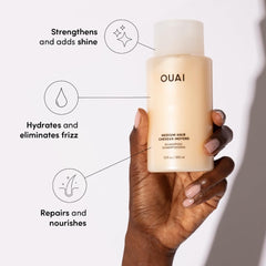 OUAI medium conditioner bottle highlighting shine and moisture