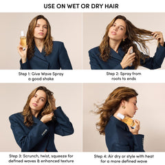 OUAI Wave Spray mist applied to damp hair to create texture