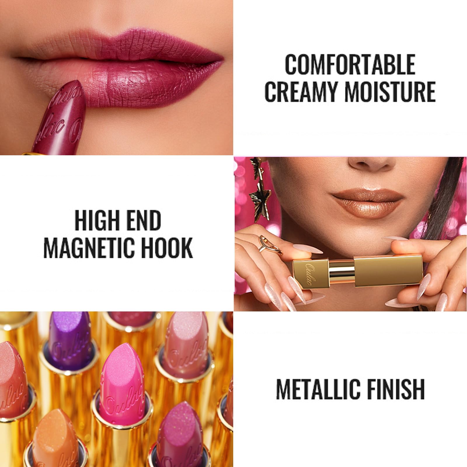 Oulac high-pigment metallic lipstick swatch showing radiant color.