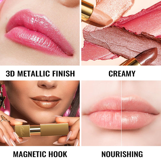 Oulac orange-red lipstick with metallic 3D shine for festive looks.