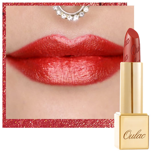 Oulac Dangerous02 orange-red lipstick swatch for bold full-coverage color.
