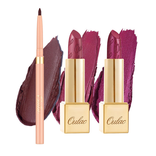 Oulac red lipstick metallic shimmer close-up for bold festive looks.