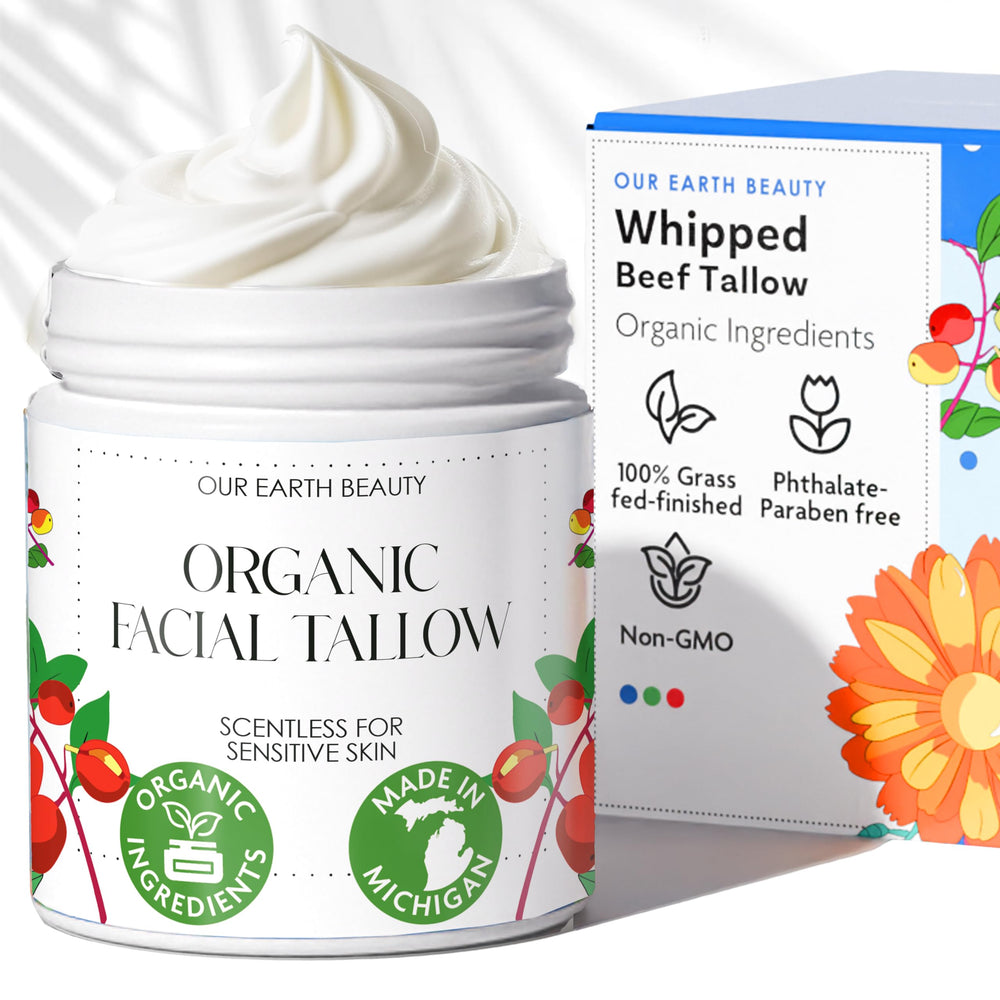 Our Earth Beauty beef tallow face cream whipped jar for lightweight facial hydration