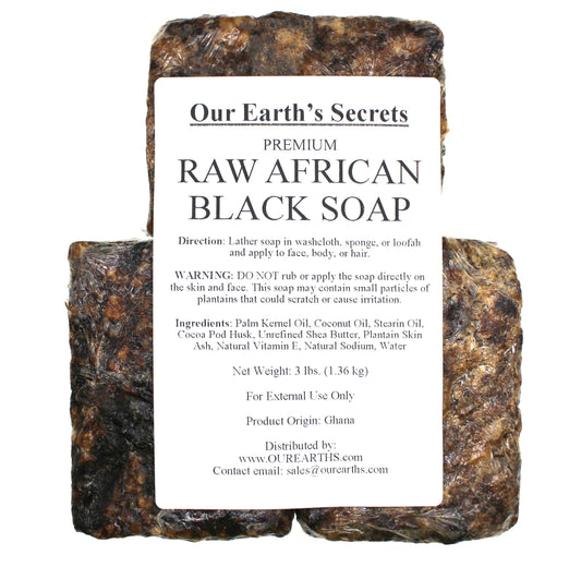 Our Earth's Secrets Ghana-origin soap bar highlighting traditional recipe and natural ingredients