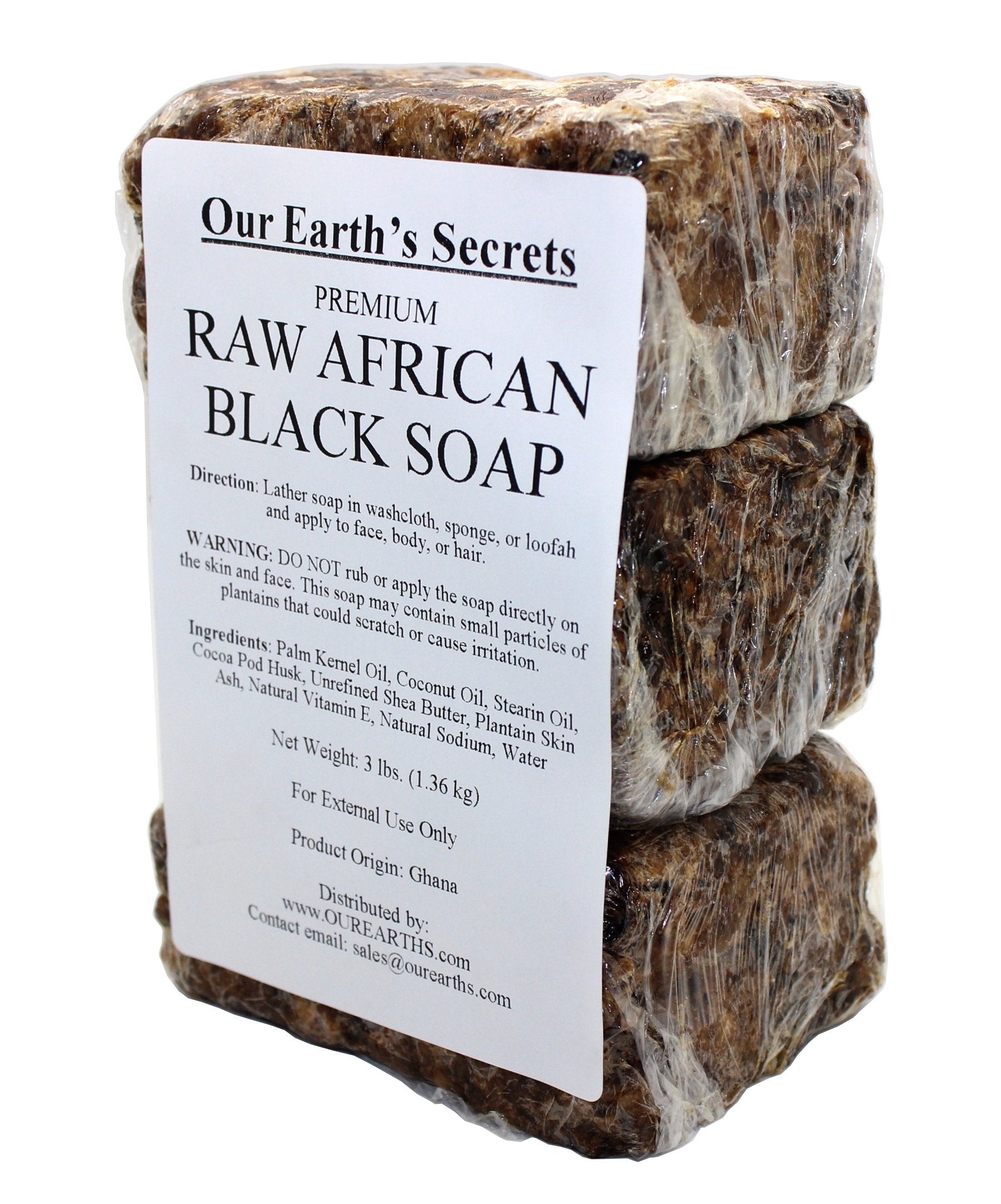 Our Earth's Secrets raw African black soap bar close-up showing natural texture and premium quality