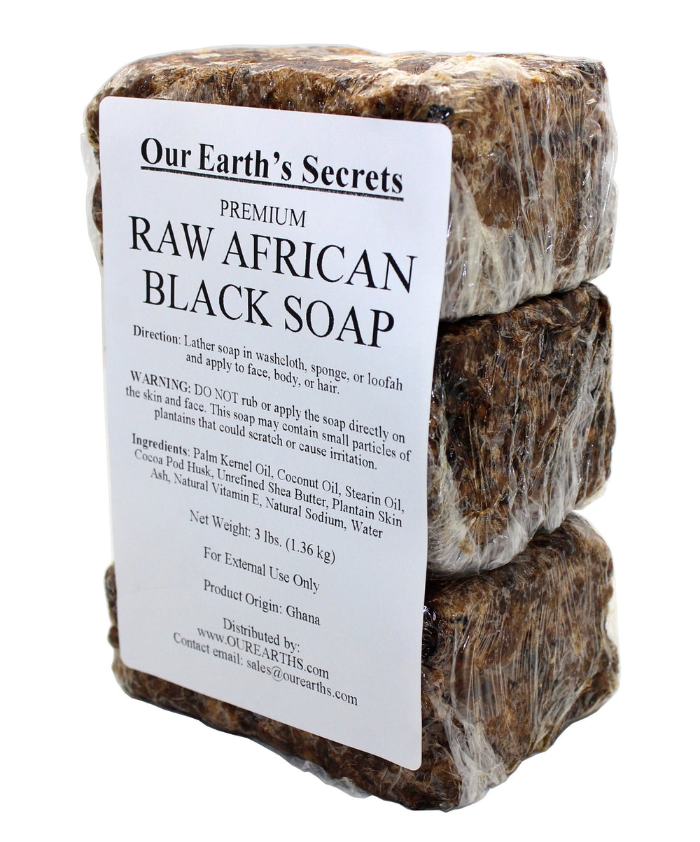 Our Earth's Secrets raw African black soap bar close-up showing natural texture and premium quality