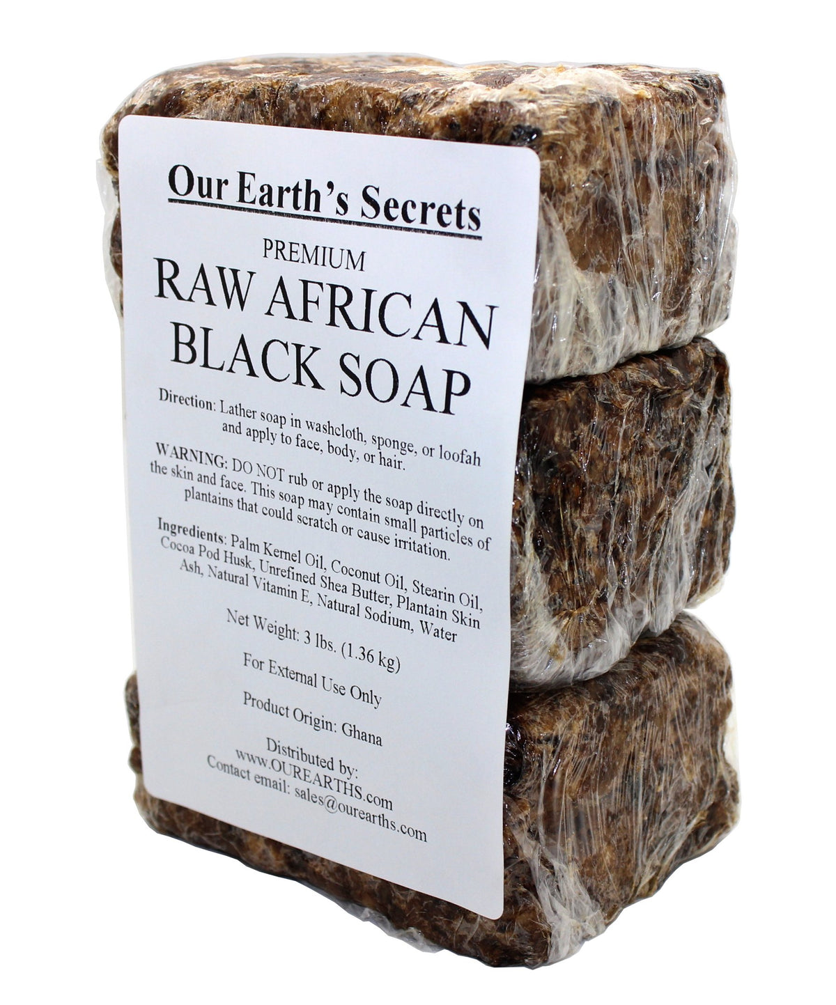 Our Earth's Secrets raw African black soap bar close-up showing natural texture and premium quality