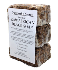 Our Earth's Secrets raw African black soap bar close-up showing natural texture and premium quality