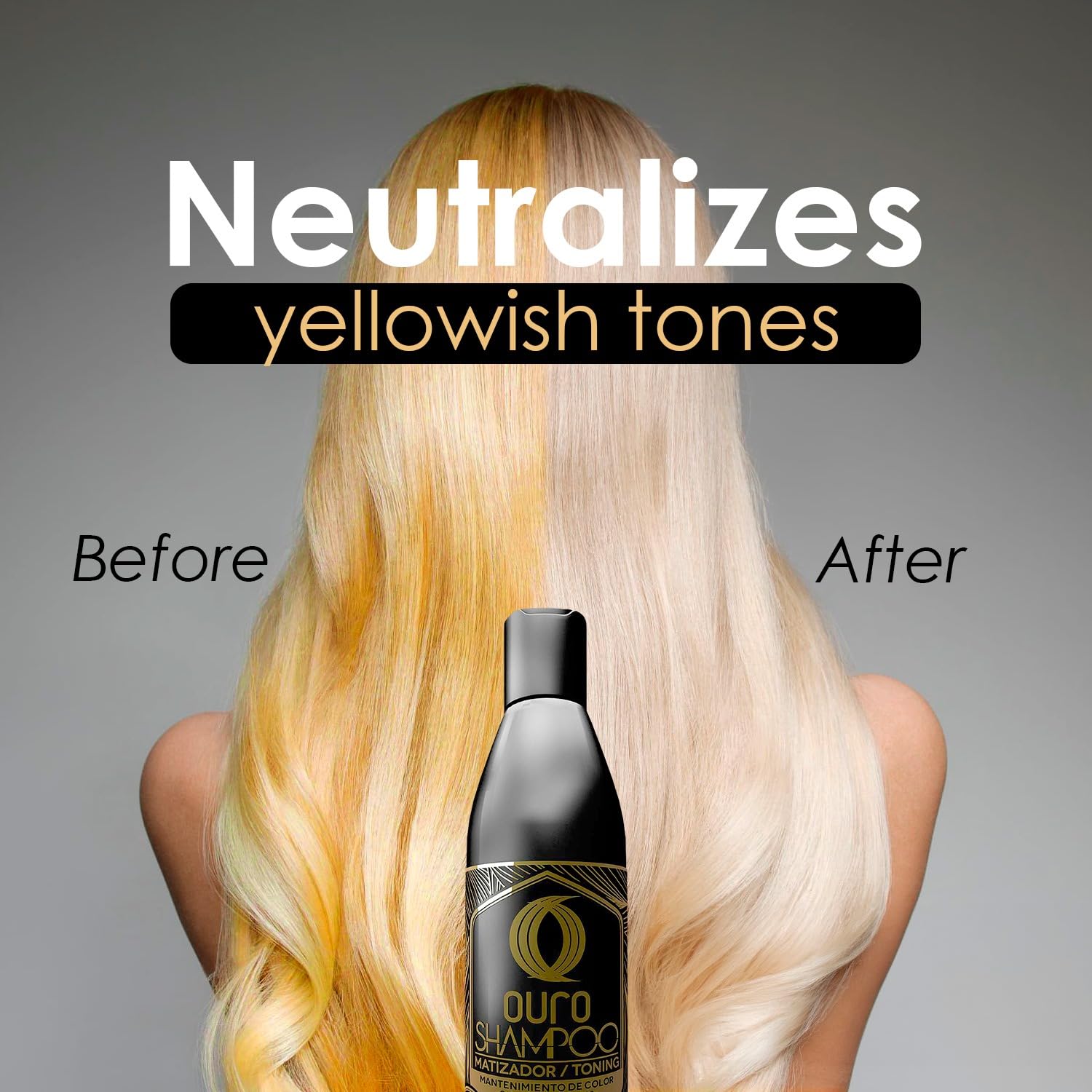 OURO bottle on shower shelf signaling color protection and lasting vibrancy.