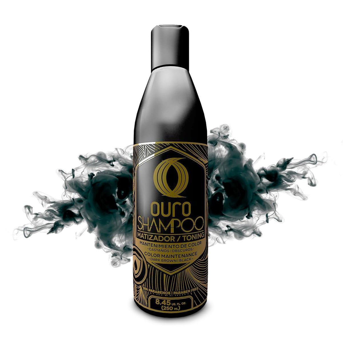 OURO Color-Enhancing Shampoo bottle with dark brown tones for rich color.