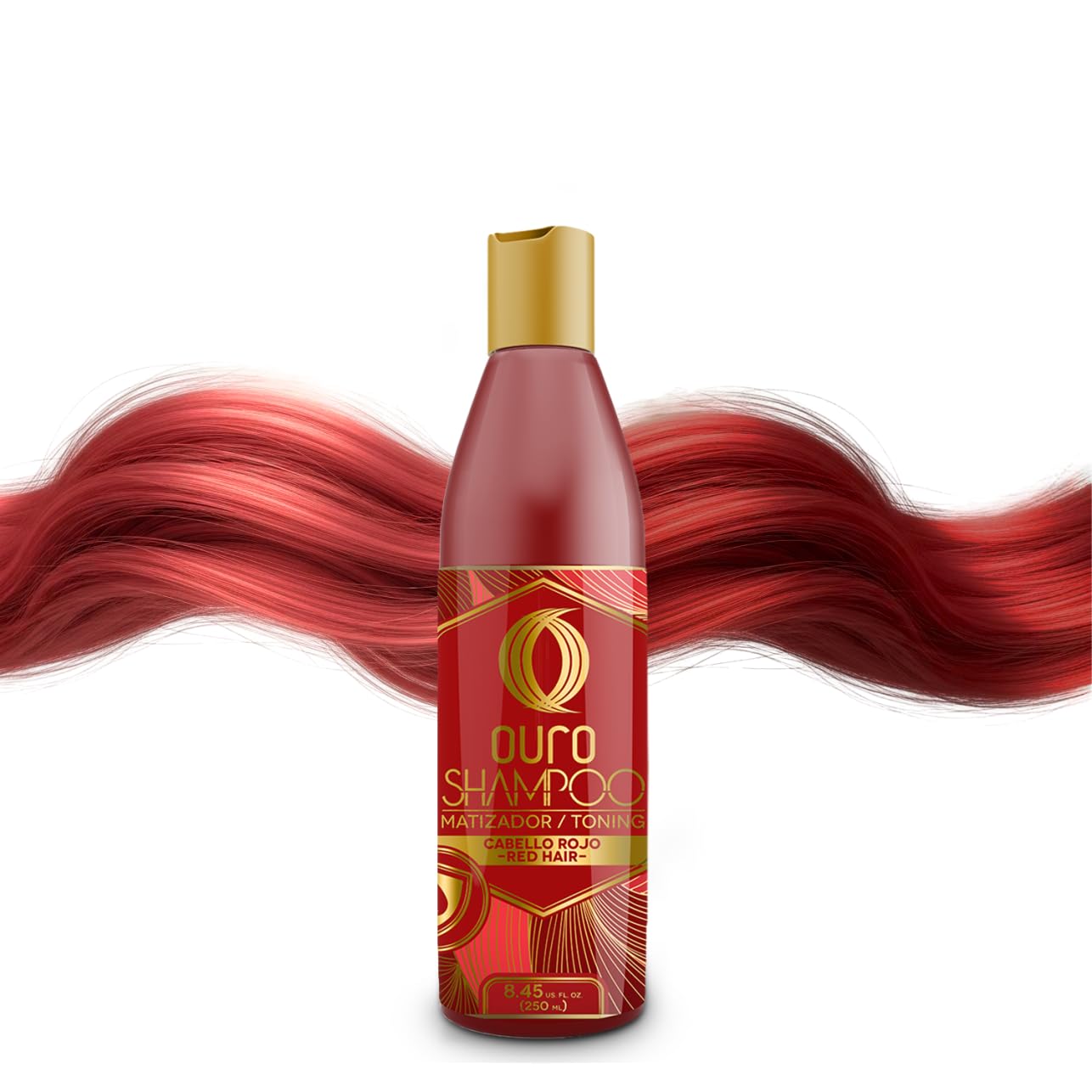 OURO Red Toning Shampoo bottle front view highlighting color protection and shine