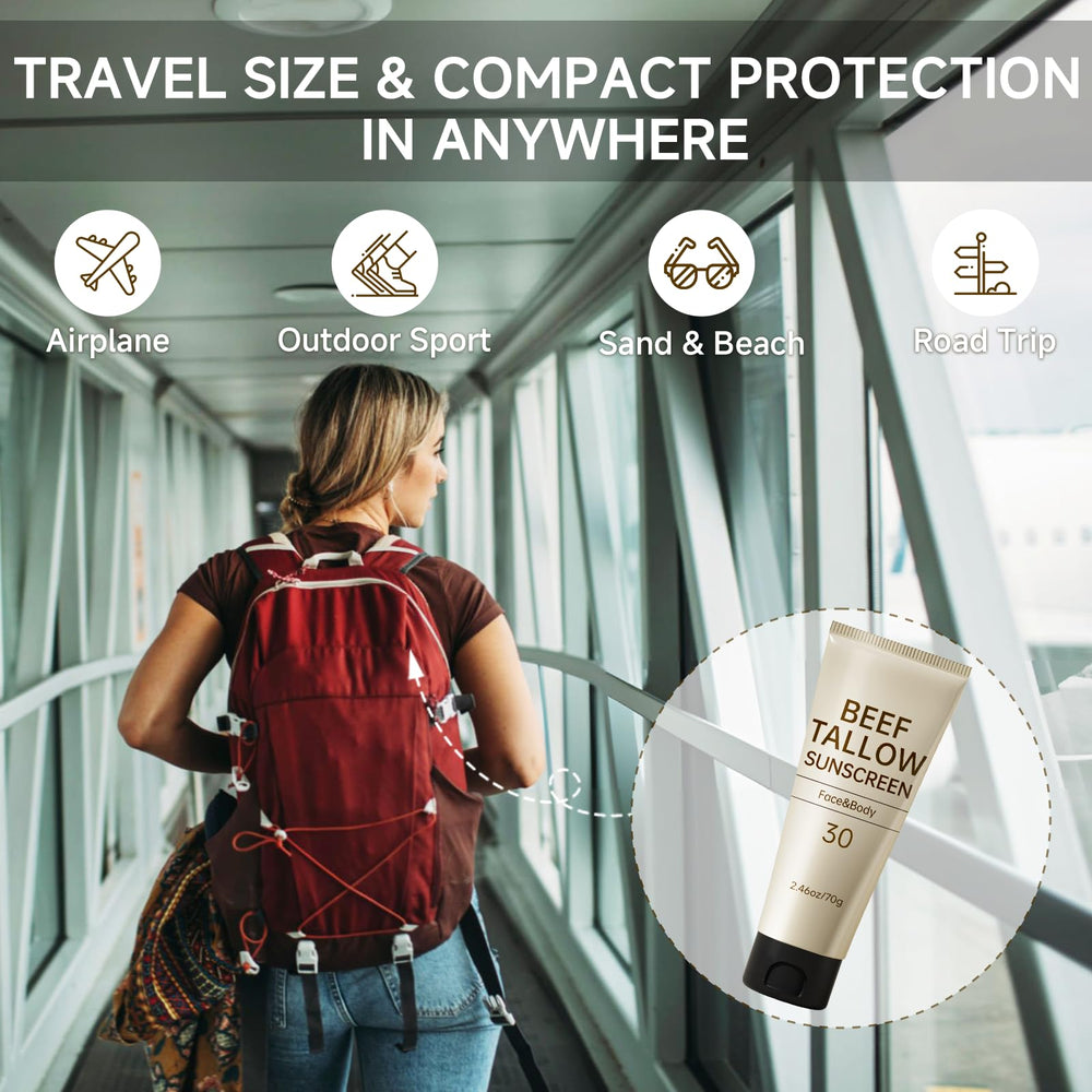 Outccogo Tallow Sunscreen packaging under sunlight emphasizes travel-ready design.
