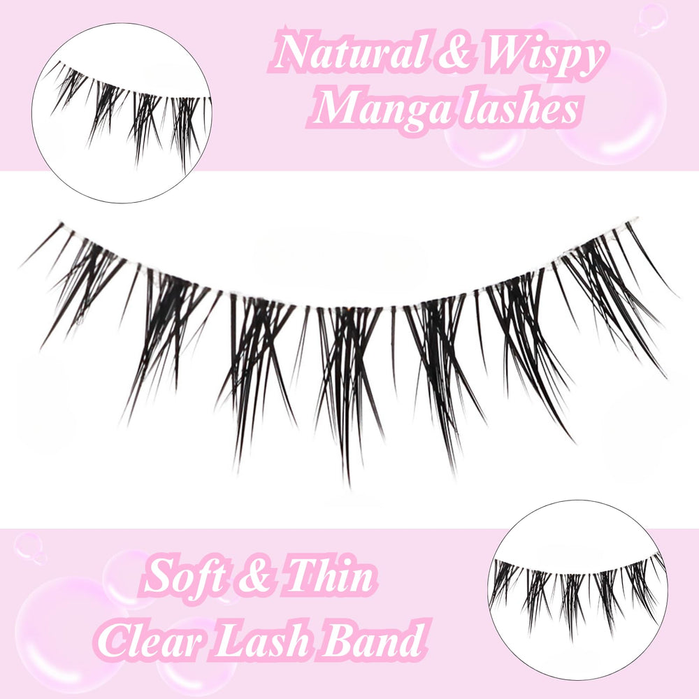 Outopen manga lashes with a clear band for seamless, natural look.