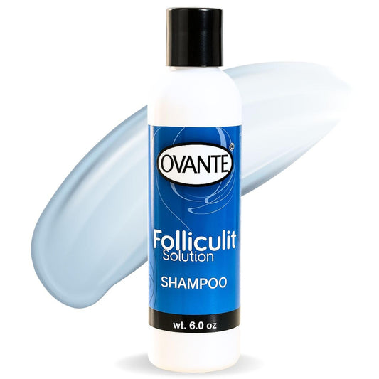 OVANTE folliculitis shampoo bottle pour for a refreshing tea tree cleanse.