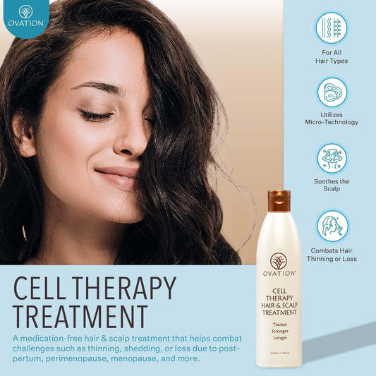 Ovation Hair Cell Therapy bottle close-up showing premium formula