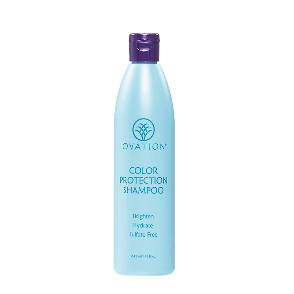 Ovation Hair Color Protection Shampoo bottle front highlighting color protection and shine.