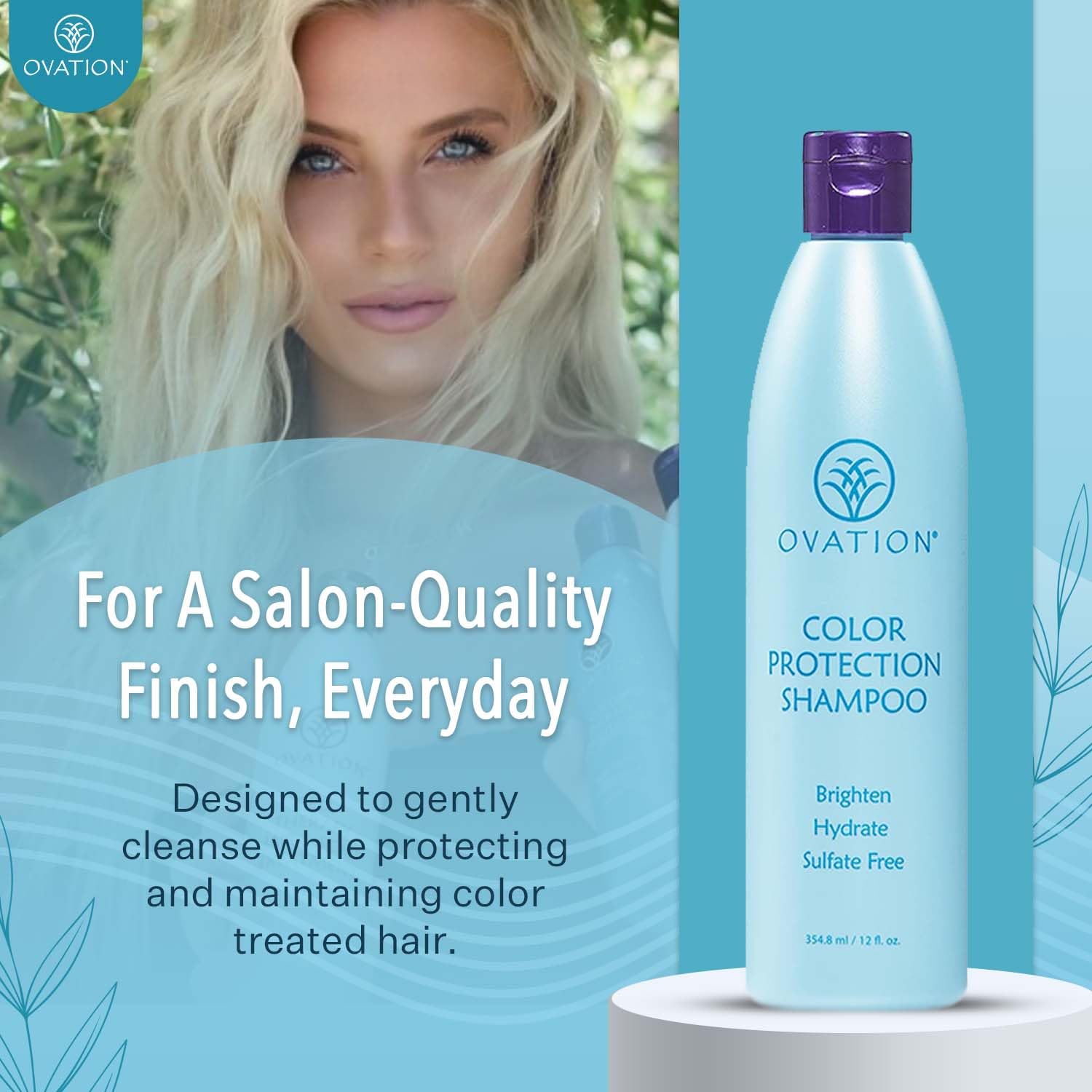 Ovation Hair Color Protection Shampoo being poured to reveal rich lather.