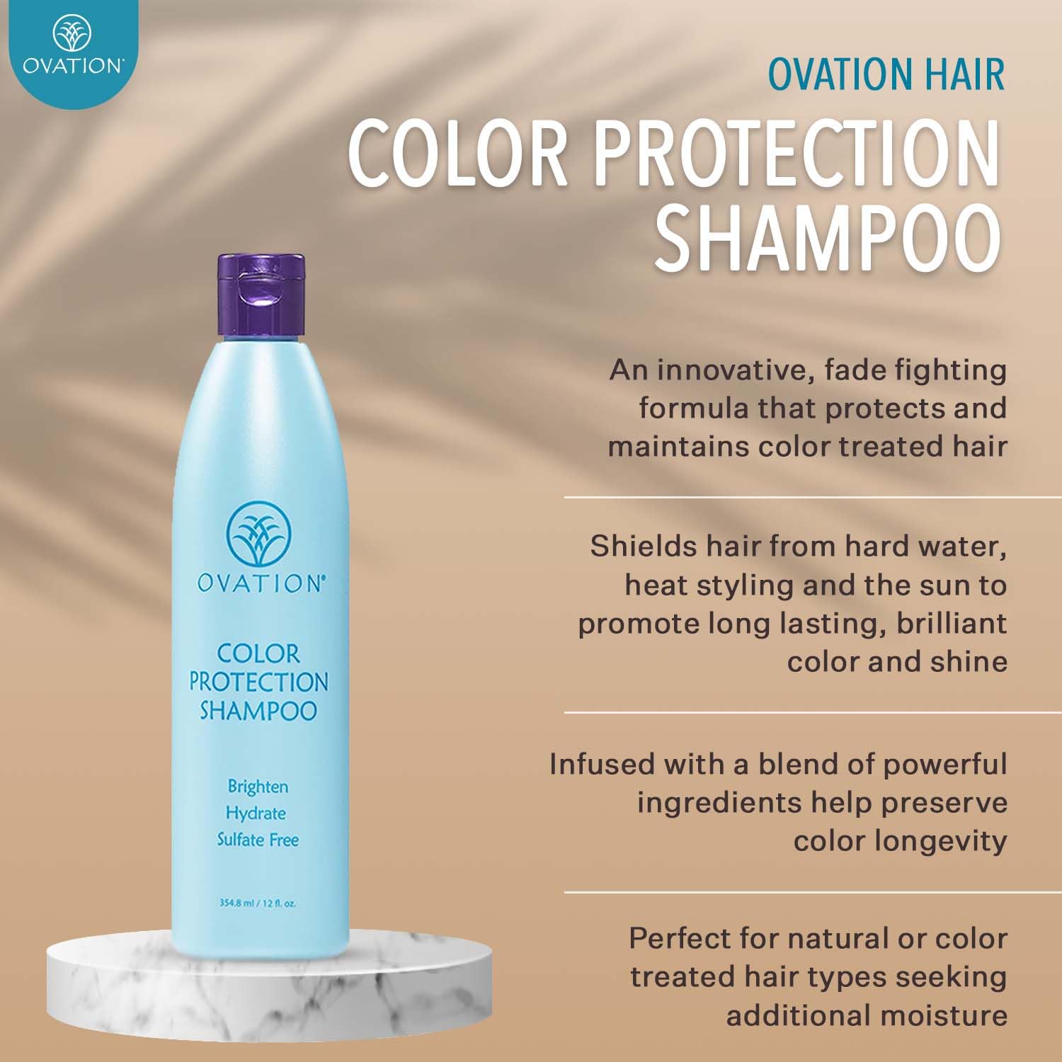 Ovation Hair Color Protection Shampoo beside conditioner on bathroom counter.
