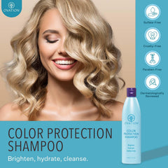 Ovation Hair Color Protection Shampoo label close-up showing natural ingredient blend.
