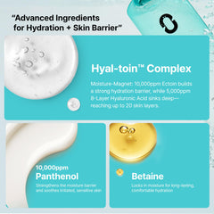 Ingredients label highlights Hyaltoin, Panthenol, Betaine for hydration.