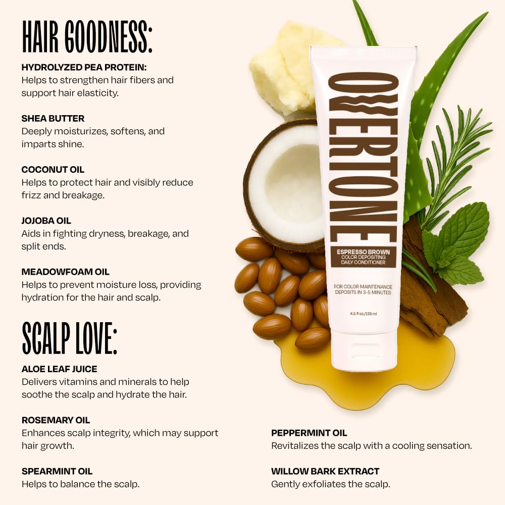 Overtone Espresso Brown application in shower demonstrates a quick 3 to 5 minute treatment