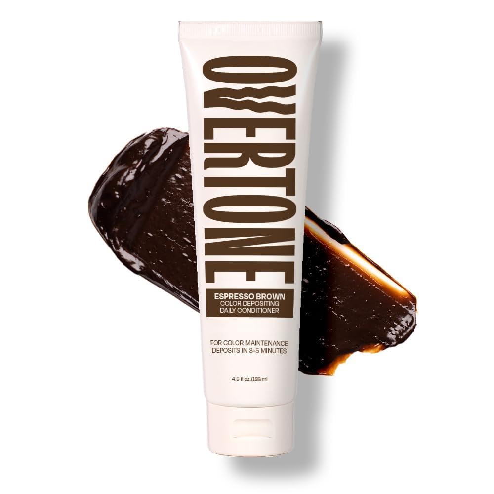 Overtone Espresso Brown bottle shows color deposition for daily refresh and shine