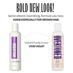 Overtone Vivid Violet application scene highlights color refresh between treatments.