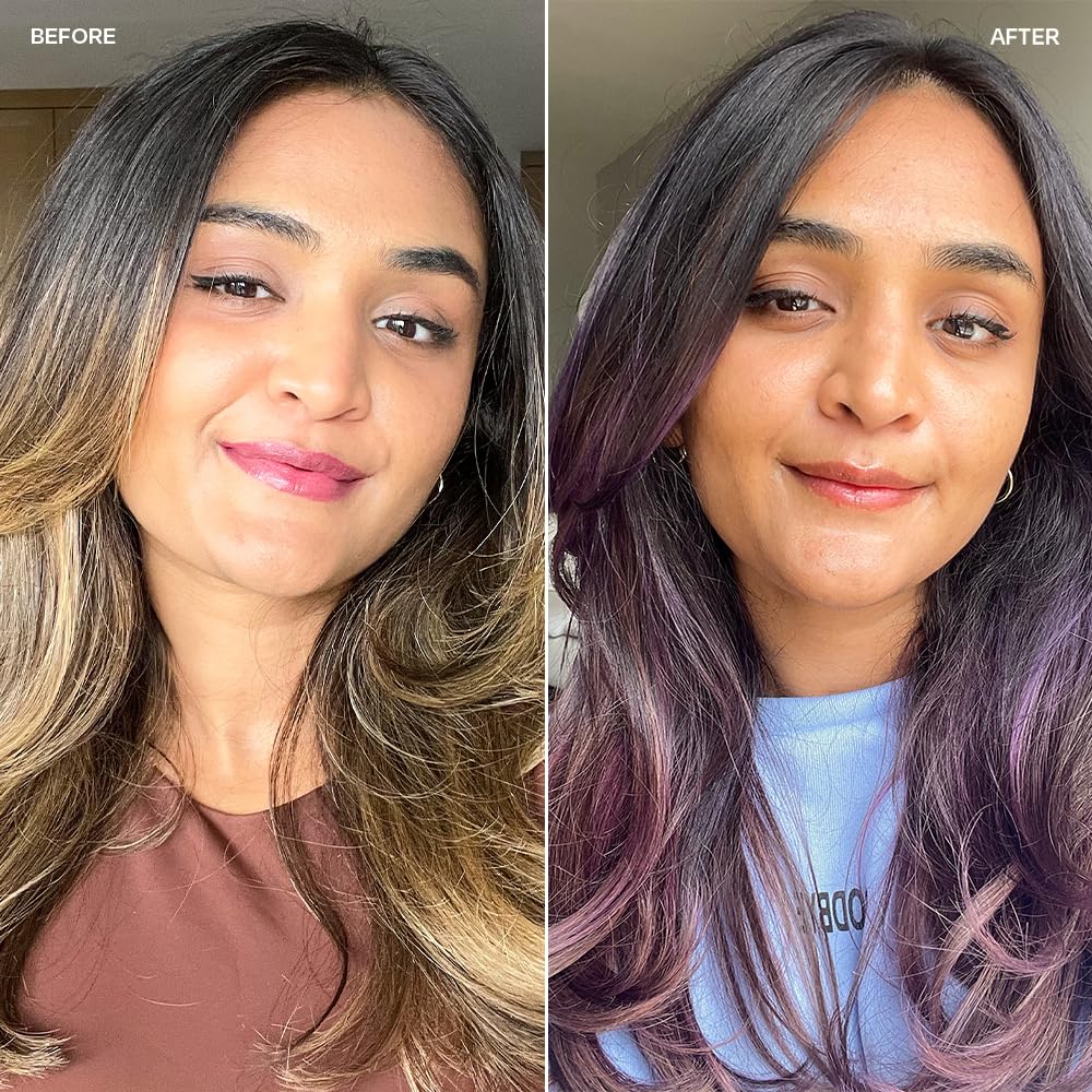 Overtone Vivid Violet before-after swatch illustrates color depth increase.