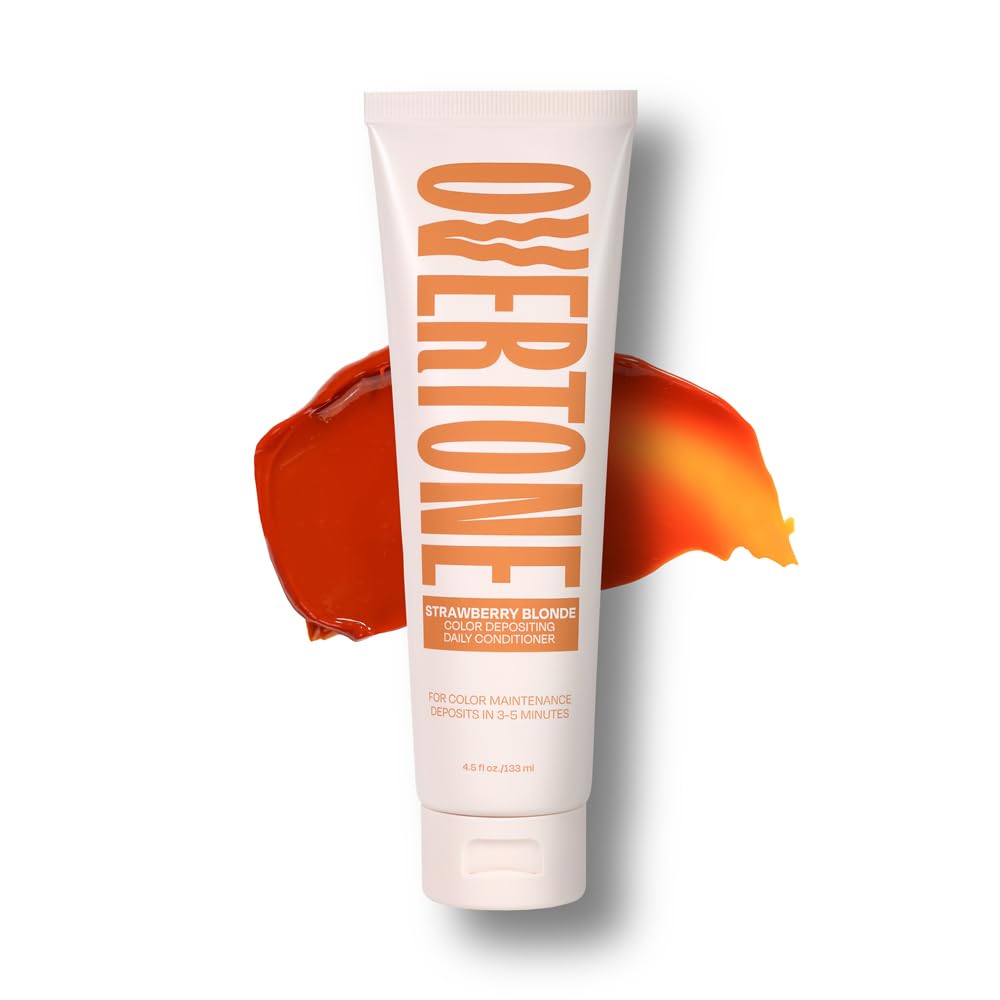 Overtone Strawberry Blonde conditioner bottle shows vibrant color deposit for refreshed strand tones.