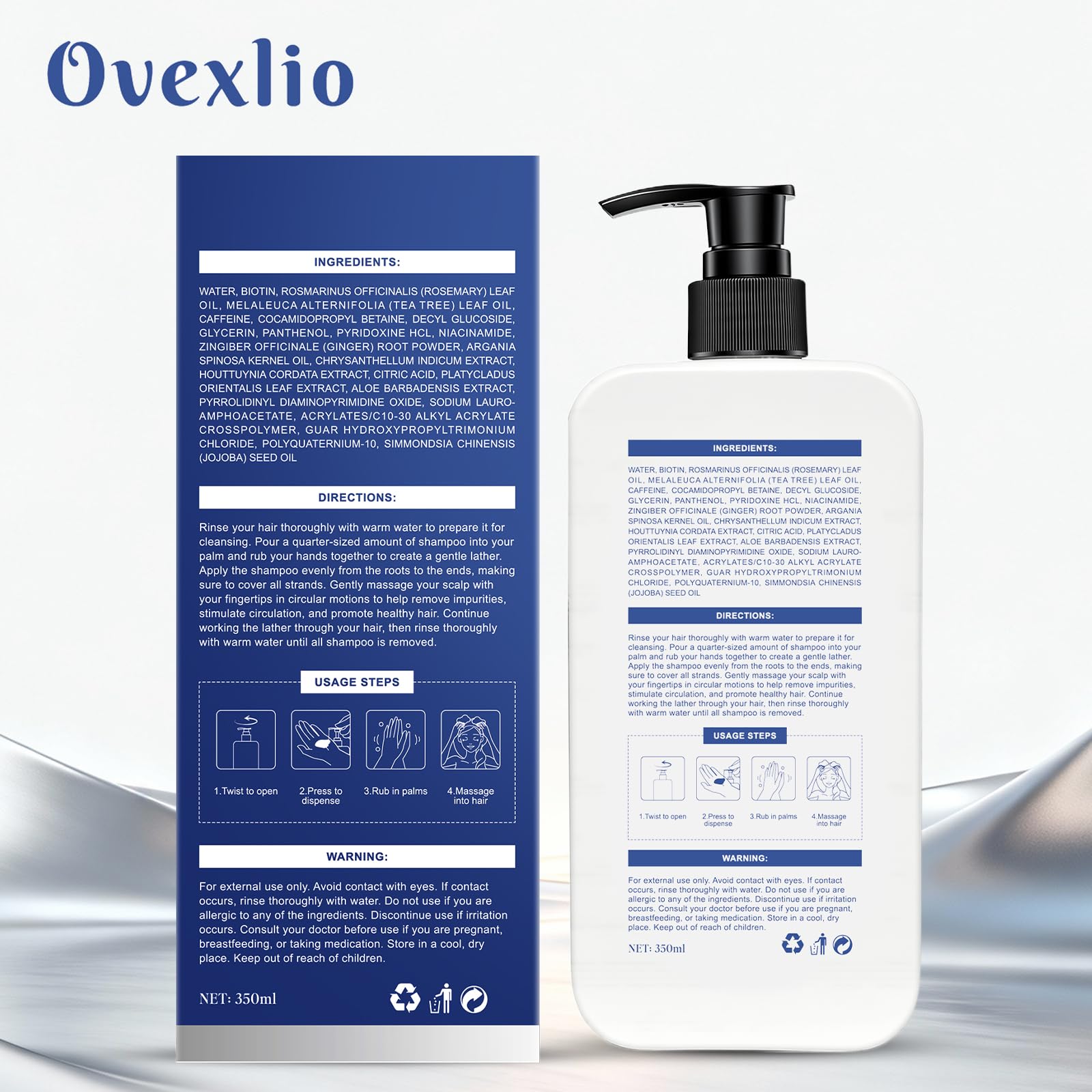 OVEXLIO packaging highlights 11.84 fl oz size for long-term use