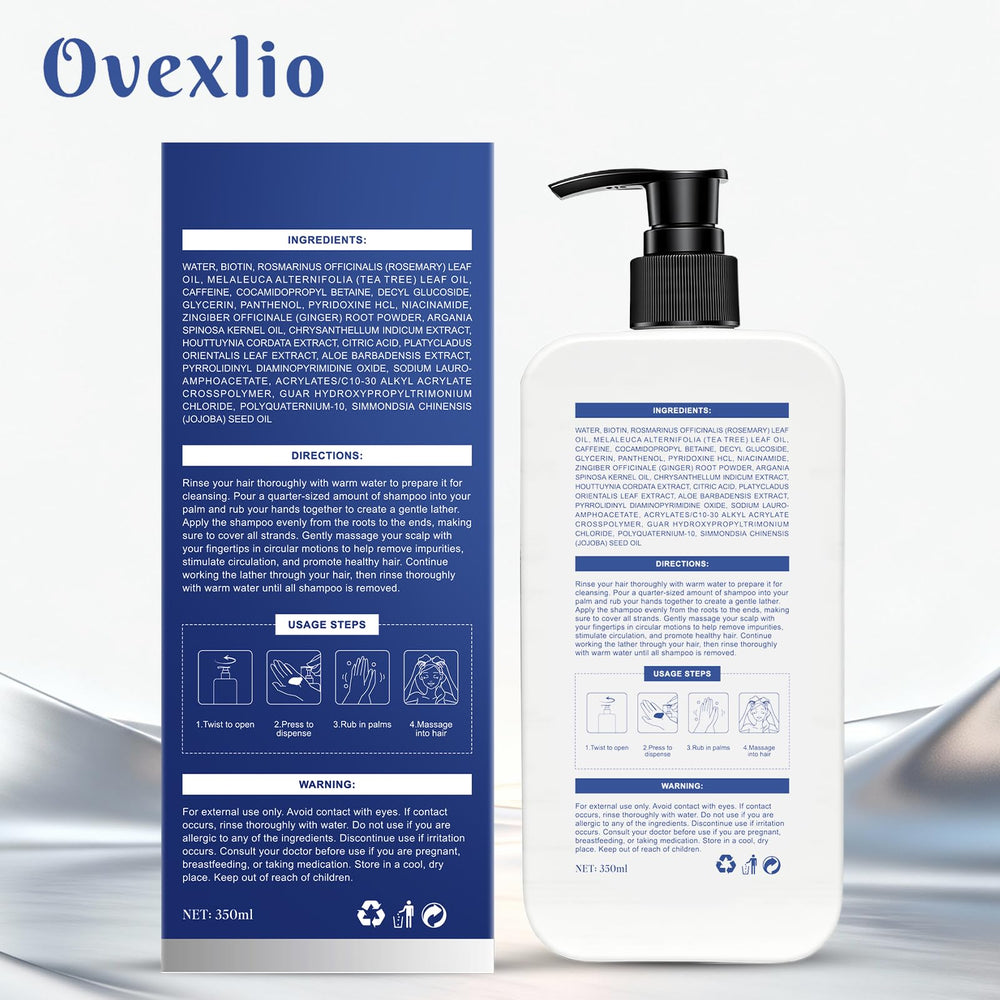 OVEXLIO packaging highlights 11.84 fl oz size for long-term use
