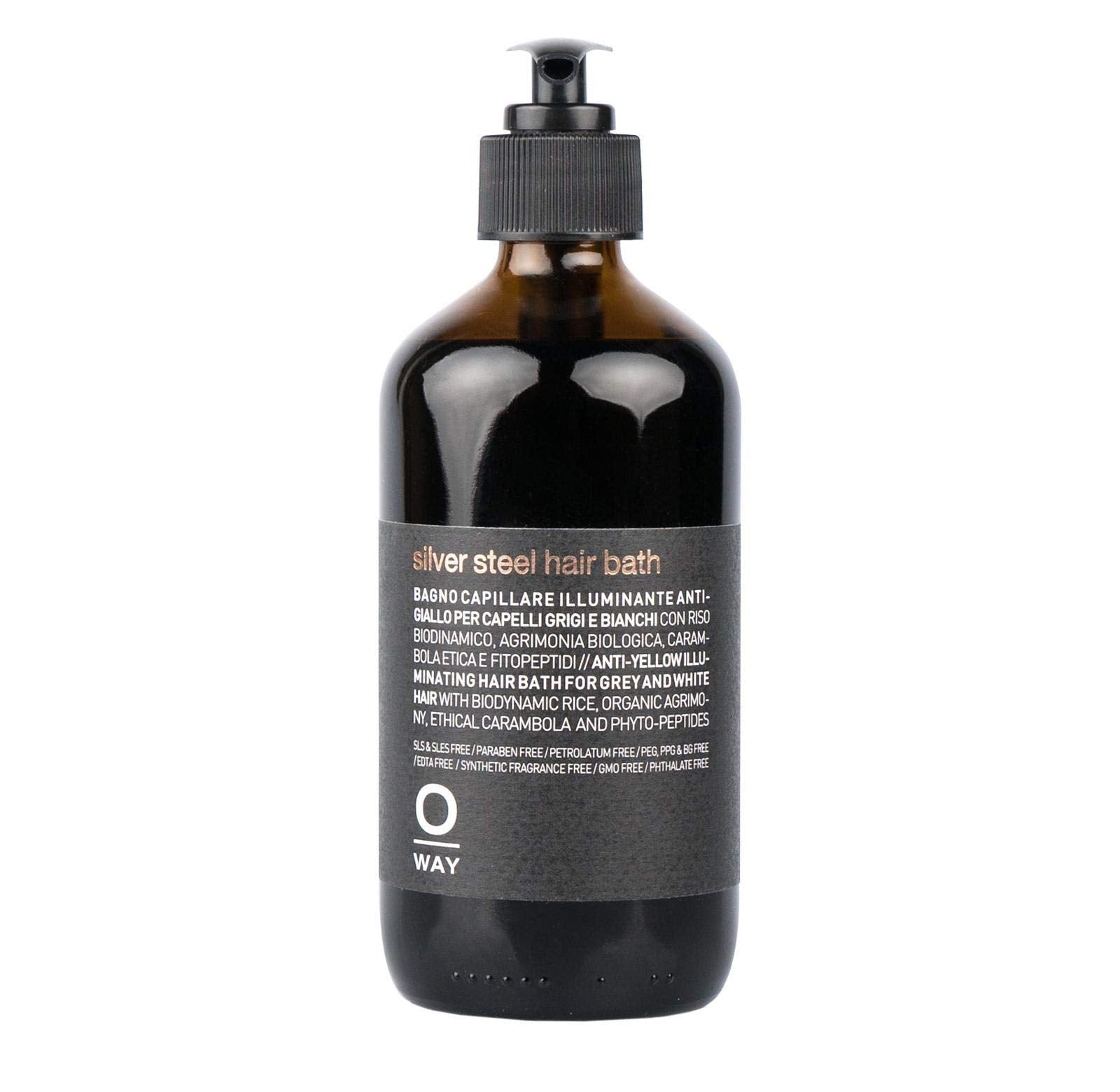 OWAY Silver Steel Hair Bath Shampoo bottle shown for daily, lightweight cleansing.