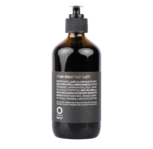 OWAY Silver Steel Hair Bath Shampoo bottle shown for daily, lightweight cleansing.